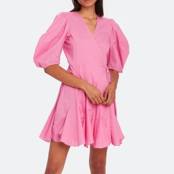 RHODE Rosie Prism Pink puff sleeve wrap mini dress - Picture 1 of 10